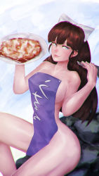 Rule 34 | 1girl, apron, bluecup, bow, breasts, brown hair, food, hair bow, highres, kuonji ukyou, long hair, looking at viewer, naked apron, outdoors, ranma 1/2, sideboob, simple background, sitting, solo, spatula, white bow