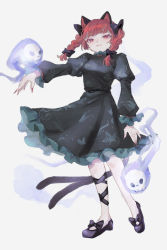 Rule 34 | 1girl, :3, animal ears, arm up, black bow, black dress, black footwear, black ribbon, blue fire, blunt bangs, blush, bow, braid, breasts, cat ears, cat tail, closed mouth, dress, eyebrows hidden by hair, fingernails, fire, flaming skull, floating skull, footwear bow, forked tail, frills, full body, grey background, hair bow, hair ribbon, hitodama, juliet sleeves, kaenbyou rin, leg ribbon, light blush, long fingernails, long sleeves, looking at viewer, multiple tails, nail polish, nekomata, nose blush, outstretched arm, plumapple3, puffy sleeves, red eyes, red hair, red nails, ribbon, sharp fingernails, simple background, small breasts, smile, solo, standing, tail, touhou, tress ribbon, twin braids, twintails, white background