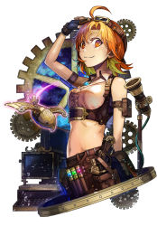 Rule 34 | 10s, 1girl, :3, adjusting goggles, ahoge, aqua hair, arm at side, arm belt, arm up, bad id, bad pixiv id, bare shoulders, belt, belt buckle, belt pouch, bird, black gloves, breasts, brown hair, buckle, cable, center frills, chain, closed mouth, collared shirt, crop top, eyelashes, fingerless gloves, frills, from side, gears, gem, gloves, glowing, goggles, goggles on head, green hair, gun, hair between eyes, handgun, highres, holster, idolmaster, idolmaster million live!, jewelry, liquid, looking at viewer, machinery, medium breasts, midriff, multicolored hair, navel, necklace, night, night sky, non-humanoid robot, orange eyes, orange hair, pendant, portal (object), pos (shiratama-ya), pouch, robot, robot animal, shirt, sky, sleeveless, smile, solo, sparkle, steampunk, stomach, streaked hair, tassel, test tube, weapon, white background, white shirt, yabuki kana