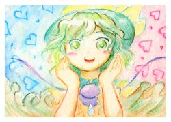 Rule 34 | 1girl, :d, blush stickers, border, green eyes, green hair, hands up, hat, hat ribbon, heart, heart-shaped pupils, highres, komeiji koishi, looking at viewer, medinki, official style, open mouth, ribbon, short hair, smile, solo, symbol-shaped pupils, teeth, third eye, touhou, traditional media, upper teeth only, white border, yellow ribbon, zun (style)