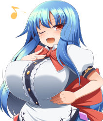 Rule 34 | 1girl, alternate costume, blouse, blue hair, breasts, buttons, fang, fangs, frills, gero zoukin, highres, hinanawi tenshi, large breasts, long hair, puffy short sleeves, puffy sleeves, red eyes, shirt, short sleeves, simple background, solo, touhou, white background, white shirt