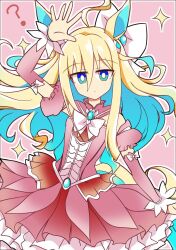 Rule 34 | 1girl, ?, ahoge, alternate costume, animal ears, arm up, blonde hair, blue eyes, blue hair, blush, breasts, closed mouth, colored inner hair, commentary request, detached sleeves, dress, frilled dress, frills, hair between eyes, hair ornament, highres, horse ears, horse tail, long hair, looking at viewer, magical girl, multicolored hair, neo universe (umamusume), pink background, small breasts, sparkle, streaked hair, tail, umamusume, very long hair, wahiko (black bastard)
