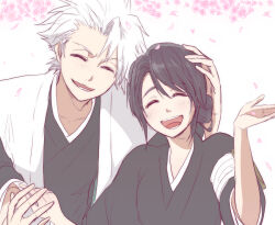 black_kimono bleach brown_eyes brown_hair cherry_blossoms closed_eyes falling_petals green_eyes hair_bun hand_on_another&#039;s_head hinamori_momo hitsugaya_toushirou holding_hands japanese_clothes kimono petals pink_petals saso_ri1111 short_hair sidelocks smile white_background white_hair