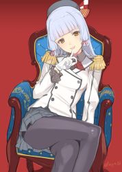 Rule 34 | 1girl, :d, beret, black pantyhose, blue hair, blunt bangs, buttons, chair, collared shirt, cosplay, crossed legs, double-breasted, epaulettes, gloves, hair ribbon, hat, jacket, kantai collection, kashima (kancolle), kashima (kancolle) (cosplay), long hair, mibu natsuki, military jacket, murakumo (kancolle), open mouth, pantyhose, red background, ribbon, shirt, sidelocks, simple background, sitting, smile, solo, white gloves, yellow eyes