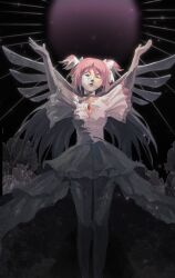 Rule 34 | 1girl, arms up, black background, closed eyes, closed mouth, commentary request, dress, hair ribbon, highres, kaname madoka, long hair, mahou shoujo madoka magica, mahou shoujo madoka magica (anime), petrification, pink dress, pink hair, ribbon, shao ziye, short sleeves, solo, thighhighs, two side up, ultimate madoka, white ribbon, wings
