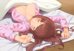 Rule 34 | 1girl, areola slip, blanket, breasts, brown hair, cristalavi, closed eyes, futon, large breasts, long hair, long sleeves, lying, no bra, on back, open mouth, open pajamas, original, pajamas, pillow, sleeping, solo, under covers, wooden floor