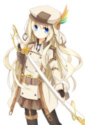 Rule 34 | 1girl, beige hat, beige jacket, black gloves, black pantyhose, blonde hair, blue eyes, brown skirt, buttons, closed mouth, double-breasted, fingerless gloves, gloves, hair between eyes, hand up, hat, hat feather, holding, holding sword, holding weapon, long hair, long sleeves, looking at viewer, military, military uniform, original, pantyhose, pleated skirt, saber (weapon), simple background, skirt, solo, sword, uniform, very long hair, weapon, white background, white hat, yuuhagi (amaretto-no-natsu)
