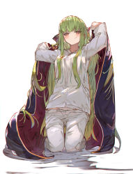 Rule 34 | 1girl, arm up, black cape, blush, breasts, brown eyes, c.c., cape, closed mouth, code geass, collared shirt, commentary request, dress shirt, full body, green hair, hand up, highres, kneeling, long hair, long sleeves, medium breasts, pants, red cape, shirt, smile, solo, tota (sizukurubiks), very long hair, white background, white pants, white shirt