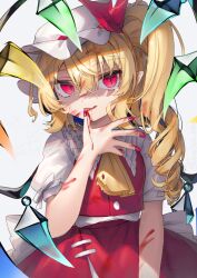 Rule 34 | 1girl, ascot, blonde hair, blood, blood on face, blood on hands, collared shirt, crystal, fingernails, flandre scarlet, gunjou row, hair between eyes, hat, highres, long hair, mob cap, nail polish, one side up, pointy ears, red eyes, red nails, red skirt, red vest, shaded face, shirt, short sleeves, skirt, slit pupils, solo, tongue, tongue out, touhou, upper body, vest, white hat, white shirt, wings, yellow ascot