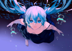 Rule 34 | 1girl, air bubble, bad id, bad pixiv id, barefoot, black dress, blue eyes, blue hair, breasts, bubble, downblouse, dress, hair between eyes, hatsune miku, long hair, looking at viewer, open mouth, shinkai shoujo (vocaloid), small breasts, smile, solo, strap slip, underwater, vocaloid, zen33n
