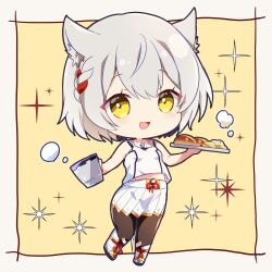 Rule 34 | 1girl, animal ear fluff, animal ears, blush, border, braid, bread, camisole, cat ears, cat girl, chest jewel, chibi, chinese knot, commentary request, cup, food, full body, hair between eyes, highres, holding, holding cup, holding plate, looking at viewer, midriff peek, mio (xenoblade), navel, open mouth, outside border, pantyhose, plate, pleated skirt, short hair, skirt, smile, solo, star (symbol), starry background, ui frara, white border, white camisole, white footwear, white skirt, xenoblade chronicles (series), xenoblade chronicles 3, yellow background, yellow eyes