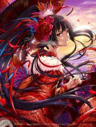 Rule 34 | 1girl, black hair, character name, day, fingernails, floral print, flower, from side, fur trim, furyou michi ~gang road~, hair flower, hair ornament, highres, holding, japanese clothes, kimono, long hair, long sleeves, looking at viewer, looking to the side, obi, official art, oil-paper umbrella, outdoors, parted lips, ponytail, red eyes, red flower, red kimono, red rose, rose, sakiyamama, sash, shion tatara, solo, umbrella, very long hair, watermark, wide sleeves