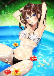 Rule 34 | 1girl, absurdres, armpits, arms behind head, arms up, bandeau, bikini, blush, breasts, brown hair, caustics, chromatic aberration, day, floral print, flower, grass, hair tie, hair tie in mouth, halterneck, hibiscus, highres, hitsuji kumo, knee up, lens flare, long hair, looking at viewer, medium breasts, moe2021, mouth hold, navel, o-ring, o-ring top, original, outdoors, partially submerged, purple eyes, reclining, sidelocks, swimsuit, tying hair, underboob, wading pool, water, wet