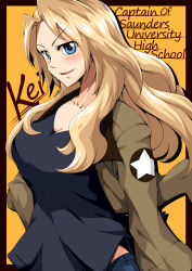 Rule 34 | 10s, 1girl, black shirt, blonde hair, blue eyes, breasts, brown jacket, character name, cleavage, commentary request, emblem, english text, girls und panzer, hair intakes, highres, jacket, kay (girls und panzer), large breasts, long hair, long sleeves, looking at viewer, mice (sake nomitai), military, military uniform, open clothes, open jacket, parted lips, saunders military uniform, shirt, smile, solo, standing, star (symbol), uniform, upper body