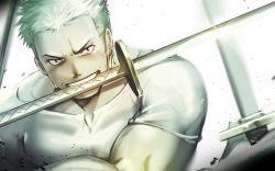 Rule 34 | 1boy, bara, biceps, black eyes, earrings, frown, green hair, highres, holding, holding sword, holding weapon, jewelry, katana, large pectorals, looking at viewer, male focus, muscular, one piece, pectorals, roronoa zoro, short sleeves, simple background, smile, solo, sweatdrop, sword, upper body, veins, waku (ayamix), weapon, aged down