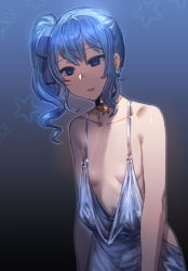 Rule 34 | 1girl, :d, absurdres, azur lane, bare shoulders, black background, blue background, blue eyes, blue hair, bow (bhp), breast conscious, breasts, choker, collarbone, color connection, cosplay, dress, earrings, empty eyes, gradient background, grey background, grey dress, hair between eyes, halter dress, halterneck, highres, hololive, hoshimachi suisei, jewelry, long hair, look-alike, open mouth, outline, oversized clothes, see-through, shiny skin, side ponytail, sidelocks, silver dress, small breasts, smile, solo, spaghetti strap, split mouth, st. louis (azur lane), st. louis (azur lane) (cosplay), st. louis (luxurious wheels) (azur lane), standing, star (symbol), star choker, star earrings, star in eye, starry background, symbol in eye, virtual youtuber