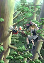 Rule 34 | 2girls, animal ears, apron, bare shoulders, black footwear, black headwear, black skirt, black vest, blonde hair, braid, broom, broom riding, detached sleeves, forest, frilled apron, frilled skirt, frills, grey hair, harapan-kun, hat, highres, holding, holding shield, holding sword, holding weapon, inubashiri momiji, japanese clothes, kirisame marisa, long hair, multiple girls, nature, outdoors, red eyes, red headwear, red skirt, ribbed sweater, shield, shirt, shoes, short sleeves, single braid, skirt, socks, sweater, sword, tokin hat, touhou, tree, unfinished dream of all living ghost, vest, waist apron, weapon, white apron, white shirt, white sleeves, white socks, wide sleeves, witch hat, wolf ears