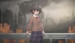 Rule 34 | 1girl, blind girl (popopoka), bow, bowtie, brown hair, bush, cityscape, commentary, cowboy shot, english commentary, grey eyes, guard rail, highres, leonzo, long sleeves, medium hair, messy hair, original, outdoors, plaid, plaid skirt, red bow, red bowtie, skirt, skyline, smog, solo, standing, sweater