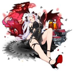 Rule 34 | 1girl, alcohol, ankle strap, antenna hair, azur lane, black bow, black dress, black footwear, black gloves, blush, bottle, bow, breasts, brown eyes, cannon, dress, full body, gloves, gold trim, hair between eyes, hair bow, head tilt, heart, high heels, large breasts, lightning, long hair, looking at viewer, mole, mole on breast, multicolored hair, official alternate costume, official art, open mouth, prinz eugen (azur lane), prinz eugen (cordial cornflower) (azur lane), realmbw, reclining, red hair, rigging, sidelocks, silver hair, silver trim, smile, solo, streaked hair, tachi-e, thighs, transparent background, turret, two side up, very long hair
