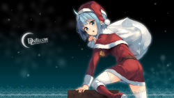 Rule 34 | 1girl, :o, ahoge, belt, blue eyes, blue hair, blurry, blush, boots, capelet, chimney, christmas, depth of field, dlsite.com, dress, elle sweet, from side, fur trim, highres, holding, knee boots, long sleeves, looking at viewer, looking back, merry christmas, open mouth, parsley-f, red dress, red footwear, sack, santa costume, short dress, short hair, sidelocks, snow, snowflakes, solo, thighhighs, wallpaper, watermark, web address, white thighhighs