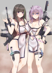 Rule 34 | 2girls, arm strap, bare shoulders, black hair, blue eyes, blush, breasts, chinese commentary, cleavage, closed mouth, clothing cutout, collarbone, commentary request, girls&#039; frontline, green hair, green nails, gun, hand on another&#039;s hip, hand on another&#039;s shoulder, highres, knife, large breasts, looking at viewer, m4a1 (girls&#039; frontline), multicolored hair, multiple girls, nail polish, navel, navel cutout, parted lips, popoman, purple eyes, purple hair, purple nails, smile, st ar-15 (girls&#039; frontline), standing, streaked hair, suppressor, thigh strap, thighs, weapon