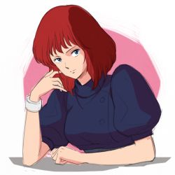 Rule 34 | 1980s (style), 1girl, breasts, closed mouth, gaw ha leccee, jewelry, juusenki l-gaim, kei-co, looking at viewer, oldschool, puffy sleeves, red hair, retro artstyle, short hair, simple background, solo