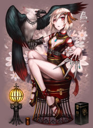Rule 34 | 1girl, bird, breasts, cleavage, flower, gauntlets, gia, hair ornament, highres, japanese clothes, knife, lantern, legs, original, red eyes, short hair, sitting, small breasts, stool, weapon, white hair