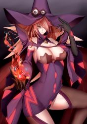 Rule 34 | &gt;:), 1girl, arc system works, bare shoulders, black gloves, black panties, black sclera, black thighhighs, blazblue, blazblue: central fiction, blonde hair, breasts, cape, cleavage, colored sclera, detached collar, detached sleeves, dress, elbow gloves, elbow pads, fire, gloves, hair over one eye, hat, high collar, highres, konoe a. mercury, large breasts, long hair, long sleeves, looking at viewer, panties, pantyshot, phantom (blazblue), pink hair, purple dress, short dress, smile, snm (sunimi), solo, standing, thighhighs, underwear, v-shaped eyebrows, wide sleeves, witch hat, yellow eyes