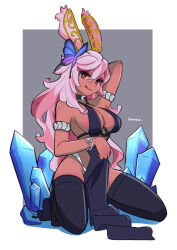 Rule 34 | 1girl, :q, amazu (kurozu), animal ears, arm behind head, arm up, black dress, black thighhighs, breasts, bug, butterfly, cleavage, closed mouth, commentary, commission, crystal, dark-skinned female, dark skin, dress, english commentary, full body, grey background, groin, hair between eyes, highres, insect, large breasts, looking at viewer, original, pelvic curtain, pink hair, rabbit ears, red eyes, signature, smile, solo, thighhighs, tongue, tongue out, two-tone background, white background