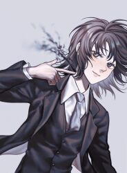 Rule 34 | 1girl, arm support, black blood, black hair, black jacket, black vest, bleeding, blood, blue eyes, closed mouth, collared shirt, finger gun, floating hair, formal, freckles, grey background, grey necktie, gun, handgun, hatohara mirai, jacket, leaning to the side, long sleeves, looking at viewer, necktie, nishi2023, open clothes, open jacket, poking, shirt, short hair, simple background, sitting, smile, solo, suit, vest, weapon, white shirt, world trigger