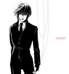 Rule 34 | 1boy, artist name, commentary request, fingerless gloves, gloves, greyscale, hellsing, hellsing: the dawn, jacket, looking to the side, male focus, monochrome, necktie, solo, spot color, string, toshimichi yukari, v-shaped eyebrows, walter c. dornez, watermark, web address
