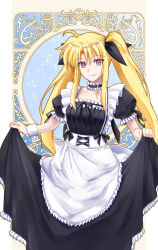Rule 34 | 1girl, ahoge, alternate costume, apron, art nouveau, black ribbon, choker, clothes lift, enmaided, fate testarossa, frilled apron, frilled skirt, frills, hair between eyes, highres, lace, lace-trimmed sleeves, lace choker, lace trim, long hair, looking at viewer, lyrical nanoha, mahou shoujo lyrical nanoha, maid, maid apron, puffy sleeves, ribbon, skirt, skirt lift, smile, solo, sougetsu izuki, twintails, white background, wrist cuffs