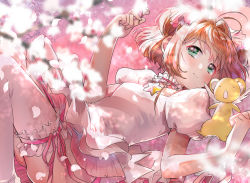 Rule 34 | 1girl, absurdres, antenna hair, blush, brown hair, cardcaptor sakura, cherry blossoms, choker, dress, flower, frilled thighhighs, frills, geshumaro, green eyes, highres, holding, holding flower, jewelry, kero (cardcaptor sakura), kinomoto sakura, layered dress, looking at viewer, lying, necklace, on back, petals, pink ribbon, ribbon, short dress, short hair, short sleeves, smile, solo, star (symbol), star necklace, thighhighs, two side up, white dress, white flower, white thighhighs