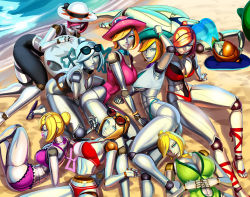 Rule 34 | 6+girls, abs, aka6, alternate hair color, aqua eyes, ass, beach, bikini, blonde hair, blue eyes, blue hair, blue one-piece swimsuit, breasts, cleavage, clone, commentary, doll joints, english commentary, eyewear on head, eyewear on headwear, front-tie top, green one-piece swimsuit, hair bun, hair over one eye, hat, highres, joints, large breasts, league of legends, lipstick, lying, makeup, metal skin, multiple girls, navel, on back, on side, one-piece swimsuit, orianna (league of legends), pink hair, pink one-piece swimsuit, red one-piece swimsuit, short hair, single hair bun, smile, sun hat, sunglasses, swimsuit, white one-piece swimsuit