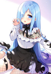 Rule 34 | 1girl, :d, black footwear, black skirt, blue eyes, blue hair, blush, commentary request, eyes visible through hair, fishnet socks, fishnets, frilled skirt, frills, gradient hair, hair over one eye, hand up, highres, long hair, long sleeves, looking at viewer, multicolored hair, off-shoulder shirt, off shoulder, open mouth, original, purple hair, ringo sui, see-through, shirt, shoes, sitting, skirt, sleeves past wrists, smile, socks, socks over thighhighs, solo, thighhighs, very long hair, wariza, white shirt, white socks