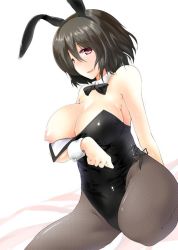 Rule 34 | 1girl, alternate costume, animal ears, arm support, bare shoulders, black bow, black bowtie, black hair, black pantyhose, blush, bow, bowtie, breast hold, breasts, breasts out, cleavage, collarbone, detached collar, fake animal ears, fishnet pantyhose, fishnets, large breasts, leotard, looking at viewer, medium breasts, nipples, one breast out, pantyhose, parted lips, playboy bunny, rabbit ears, red eyes, shameimaru aya, short hair, sitting, smile, solo, touhou, wrist cuffs, yamaiso