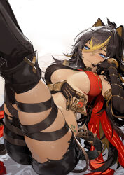 Rule 34 | 1girl, animal ears, armlet, black gloves, black hair, black pants, blonde hair, blue eyes, breasts, breasts apart, cape, claw ring, closed mouth, crop top, crossed bangs, dehya (genshin impact), fingerless gloves, genshin impact, gloves, hair between eyes, han-0v0, highres, holding, legs up, long hair, looking at viewer, medium breasts, multicolored hair, pants, red cape, skindentation, solo, thigh strap, thighs, torn clothes, torn pants, two-tone hair