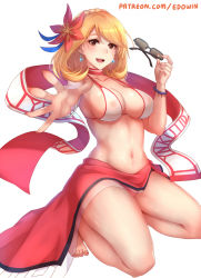 Rule 34 | :d, azur lane, bikini, blonde hair, braid, breasts, brown eyes, cleavage, crown braid, duplicate, earrings, edwin (cyberdark impacts), unworn eyewear, flower, full body, hair flower, hair ornament, highres, jewelry, looking at viewer, mismatched bikini, official alternate costume, open mouth, outstretched hand, pixel-perfect duplicate, prince of wales (azur lane), prince of wales (sun shining upon windsor) (azur lane), sarong, smile, solo, swimsuit, toes