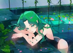 Rule 34 | 1girl, ass, bare shoulders, bishoujo senshi sailor moon, black one-piece swimsuit, closed mouth, eyebrows, eyelashes, female focus, green eyes, green hair, green nails, kaiou michiru, leaning forward, light smile, lips, long hair, looking at viewer, marmaladica, nail polish, nose, one-piece swimsuit, petals, pool, solo, swimsuit