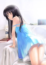 Rule 34 | 00s, 1girl, 2009, akiyama mio, all fours, armchair, bad id, bad pixiv id, bare shoulders, bed sheet, bent over, black hair, blue dress, blue eyes, blue skirt, book, chair, dress, from behind, highres, k-on!, laida, long hair, looking back, one eye closed, panties, pantyshot, pillow, purple eyes, rabbit, signature, skirt, solo, strap slip, striped clothes, striped panties, stuffed animal, stuffed rabbit, stuffed toy, sunlight, underwear, wink
