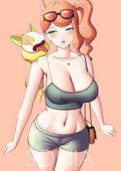 Rule 34 | 1girl, arms at sides, bag, breasts, character name, cleavage, creatures (company), endorain, english text, eyewear on head, game freak, gen 8 pokemon, green eyes, handbag, highres, large breasts, midriff, nail polish, navel, nintendo, nipples, open mouth, orange hair, pokemon, pokemon (creature), pokemon swsh, ponytail, short shorts, shorts, side ponytail, solo, sonia (pokemon), sunglasses, tank top, yamper