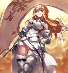Rule 34 | 1girl, armor, bare shoulders, black thighhighs, blonde hair, blue eyes, breasts, ceda (dace), chain, closed mouth, couter, day, fate/apocrypha, fate (series), faulds, fur-trimmed legwear, fur trim, gauntlets, gorget, hand on hilt, headpiece, jeanne d&#039;arc (fate), jeanne d&#039;arc (ruler) (fate), jeanne d&#039;arc (third ascension) (fate), large breasts, light smile, long hair, looking at viewer, looking to the side, outdoors, panties, pantyshot, sheath, sheathed, smile, solo, standard bearer, standing, sword, thighhighs, underbust, underwear, weapon, white panties
