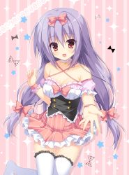 Rule 34 | 1girl, :d, bare shoulders, blush, bow, breasts, cleavage, collarbone, commentary request, criss-cross halter, detached sleeves, frilled thighhighs, frills, hair between eyes, hair bow, halterneck, head tilt, highres, long hair, looking at viewer, medium breasts, no shoes, open mouth, original, outstretched arm, pimopi, pink skirt, pleated skirt, puffy short sleeves, puffy sleeves, purple hair, red bow, red eyes, short sleeves, sidelocks, skirt, smile, solo, sparkle, standing, standing on one leg, star (symbol), striped background, striped clothes, striped skirt, thighhighs, underbust, vertical-striped clothes, vertical-striped skirt, very long hair, white thighhighs