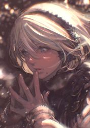 Rule 34 | 1girl, alternate costume, blue eyes, blurry, blurry background, bob cut, breath, cold, commentary, earmuffs, eyelashes, hair between eyes, hairband, highres, kazama raita, lips, long sleeves, looking away, mole, mole under mouth, motion blur, nier:automata, nier (series), own hands together, portrait, short hair, snow, snowing, solo, steepled fingers, symbol-only commentary, symbol-shaped pupils, white hair, wind, 2b (nier:automata)