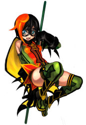 Rule 34 | 1girl, ame-comi, animification, batman (series), belt, black hair, blue eyes, boots, cape, carrie kelly, dc comics, domino mask, elbow gloves, female focus, full body, gauntlets, gloves, mask, multicolored hair, nozoki davis, open mouth, patterned legwear, polearm, robin (dc), short hair, simple background, sleeveless, solo, spandex, staff, thighhighs, two-tone hair, weapon