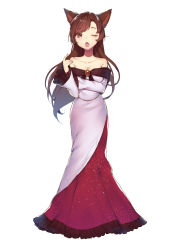 Rule 34 | 1girl, animal ears, bare shoulders, breasts, brooch, brown hair, cleavage, collarbone, dress, full body, highres, imaizumi kagerou, jewelry, long hair, long sleeves, looking at viewer, medium breasts, miebao, one eye closed, open mouth, red dress, red eyes, simple background, solo, swept bangs, touhou, white background, white dress, wide sleeves, wolf ears
