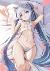 Rule 34 | 1girl, absurdres, animal ears, bed, bikini, cat ears, cat girl, cat tail, drooling, hair between eyes, hatsune miku, heart, heart-shaped pupils, highres, long hair, lying, minoominoomi, on back, pillow, pubic tattoo, saliva, solo, swimsuit, symbol-shaped pupils, tagme, tail, tattoo, underwear, underwear only, very long hair, vocaloid