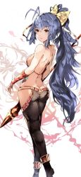 Rule 34 | 1girl, antenna hair, ass, backless outfit, bare back, bare shoulders, black pants, blazblue, blue hair, blush, bow, breasts, brown eyes, butt crack, commentary request, feet out of frame, hair between eyes, hair bow, high ponytail, highres, holding, holding polearm, holding spear, holding weapon, kyuu (plastic night q), long hair, looking away, looking to the side, lowleg, lowleg pants, mai natsume, medium breasts, outseal, pants, parted lips, polearm, ponytail, revealing clothes, sideboob, sidelocks, solo, spear, very long hair, weapon, yellow bow