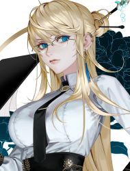 Rule 34 | 1girl, blonde hair, blouse, blue eyes, chignon, dolphin 5098, dungeon and fighter, earrings, glasses, hair bun, highres, jewelry, necktie, shirt, single hair bun, solo, taut clothes, taut shirt, white shirt