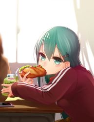 Rule 34 | 10s, 1girl, alternate costume, aqua eyes, aqua hair, blurry, blush, bright background, cellphone, commentary request, depth of field, desk, drinking straw, eating, food, hair between eyes, hair ornament, hairclip, highres, holding, holding food, jacket, kantai collection, lipton, long hair, long sleeves, looking at viewer, out of frame, phone, school uniform, sitting, smartphone, solo focus, suginoji, suzuya (kancolle), track jacket, track suit, window